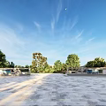 Outdoor Canopy in Open Plaza with Stone Pavement Green Trees and Blue Sky