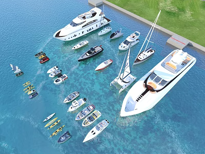 Aerial View Of Various Yachts And Boats In Blue Water 3d model