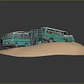 Green Vans on Circular Sandy Ground with Blue Folding Chair Green Plant and Gray Structure
