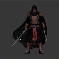 Sci Fi Warrior Character With Black Cloak Red Accents And Twin Pink Lightsabers