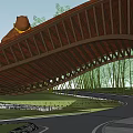 Modern Curved Wooden Entrance Gate Surrounded By Bamboo Trees And Natural Landscape