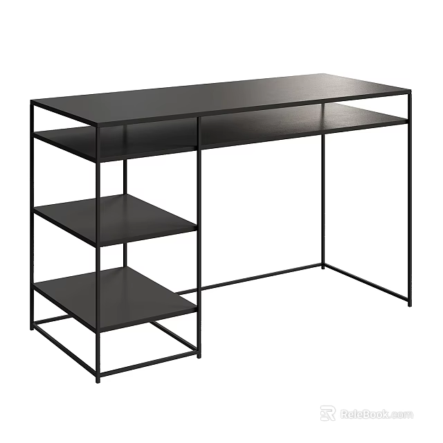 Modern Black Desk with Metal Frame and Multiple Shelves for Home Office Use 3d model 