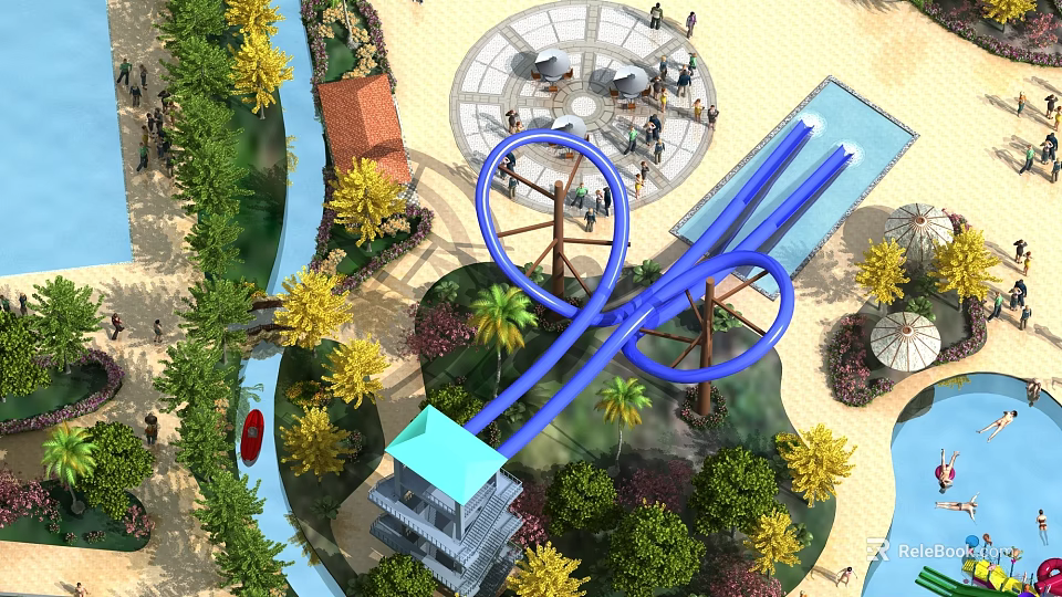 Amusement Park Scenic Area Featuring Blue Roller Coaster Green Trees Yellow Flowers And Observation Tower 3d model 