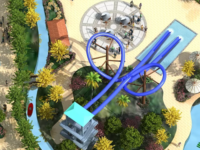 Amusement Park Scenic Area Featuring Blue Roller Coaster Green Trees Yellow Flowers And Observation Tower 3d model