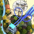 Amusement Park Scenic Area Featuring Blue Roller Coaster Green Trees Yellow Flowers And Observation Tower