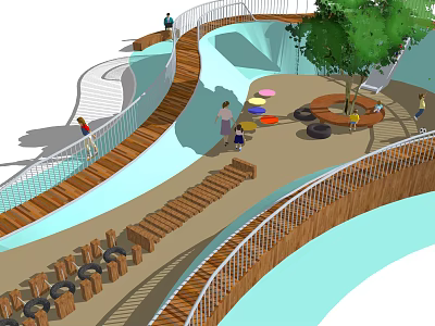 Outdoor Recreational Space With Curved Wooden Walkways Blue Surface And Tree Shaded Seating Area 3d model