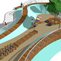 Outdoor Recreational Space With Curved Wooden Walkways Blue Surface And Tree Shaded Seating Area