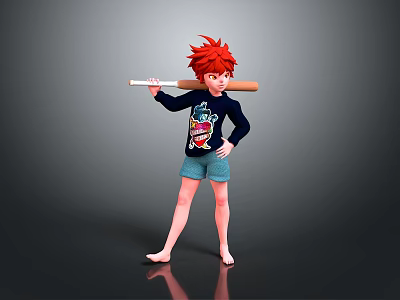 Red Haired Girl Holding Baseball Bat Standing With Adorable Small Dog Companion 3d model
