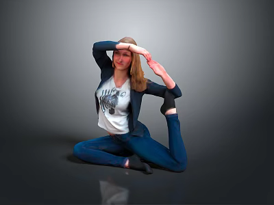 A Woman Doing Yoga Stretch In White Graphic Tee And Blue Pants 3d model