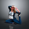 A Woman Doing Yoga Stretch In White Graphic Tee And Blue Pants