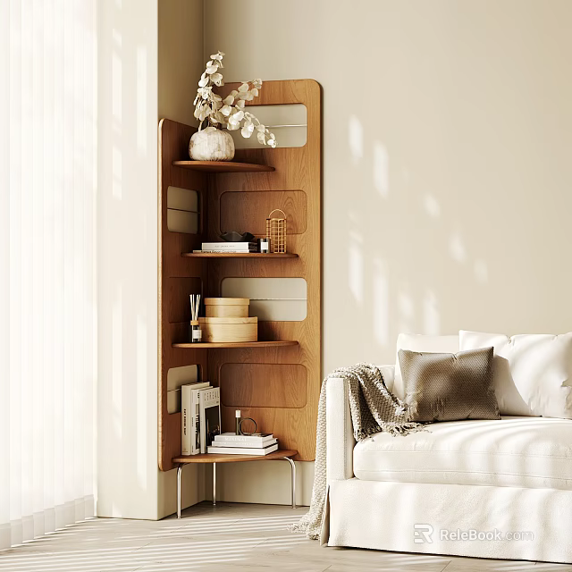 Wooden Multi Tier Storage Shelves with Decor Items in Living Room with Sofa and Natural Light 3d model 