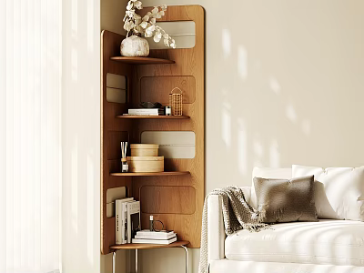 Wooden Multi Tier Storage Shelves with Decor Items in Living Room with Sofa and Natural Light 3d model