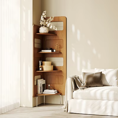 Wooden Multi Tier Storage Shelves with Decor Items in Living Room with Sofa and Natural Light 3d model