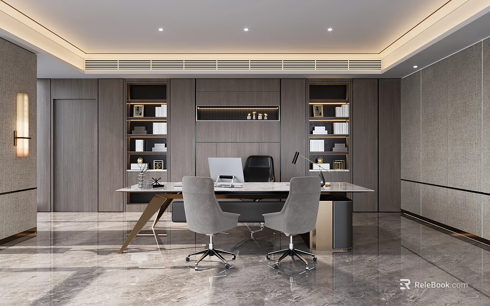 Modern Office Interior Design With Desk Chairs Bookshelves And Computer 3d model