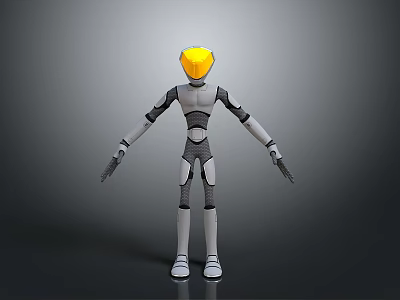 Robot Character 3D Model With Yellow Head Gray White Body And Extended Arms 3d model