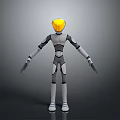 Robot Character 3D Model With Yellow Head Gray White Body And Extended Arms