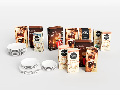 Coffee Themed Decorative Ornament Set With Boxes Cups And Striped Plates 3d model
