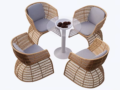 Garden Landscape Outdoor Seating Setup With Wicker Chairs Table And Gray Cushions 3d model