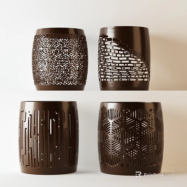 Dark Brown Decorative Stools With Intricate Carved Patterns And Unique Designs 3d model