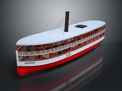 Red White Steamboat BANCOMA With Chimney And Two Level Decks 3d model