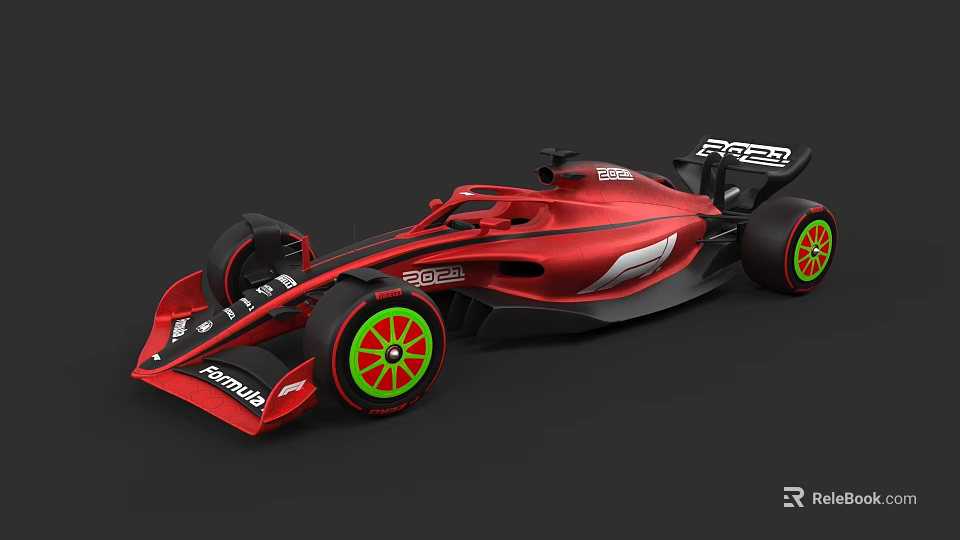 Red Formula Racing Car With F22 Logo And Green Yellow Wheels 3d model 