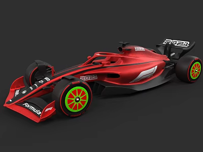 Red Formula Racing Car With F22 Logo And Green Yellow Wheels 3d model