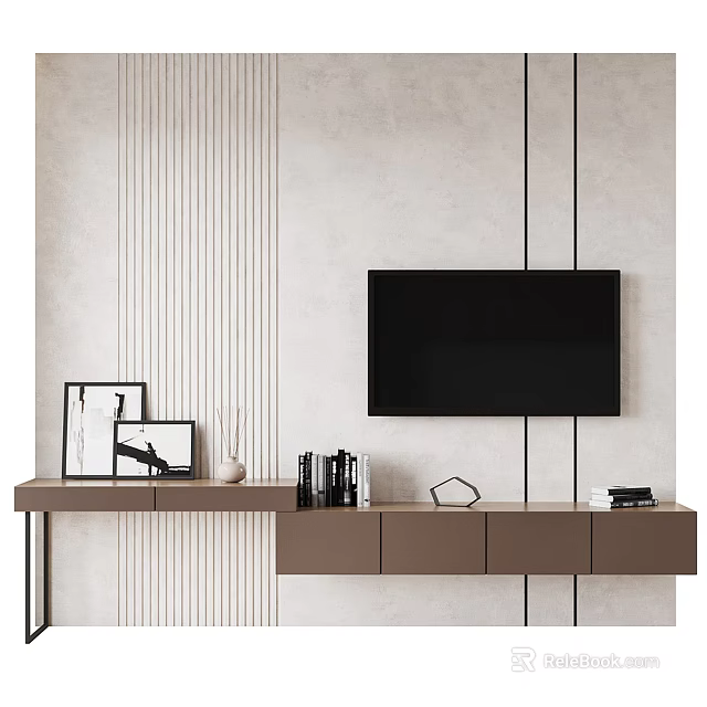 Modern Minimalist TV Wall With Console And Decorations 3d model
