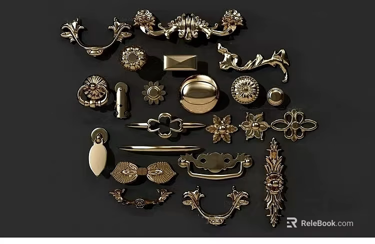 Golden Door Handles With Various Intricate Designs And Different Shapes 3d model 