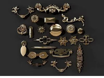 Golden Door Handles With Various Intricate Designs And Different Shapes 3d model
