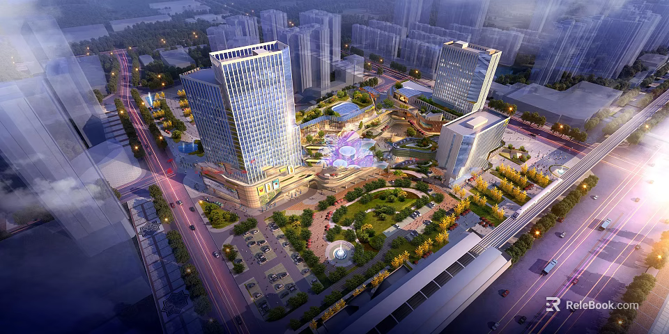Modern Urban Commercial Complex With High Rise Buildings Central Square And Green Spaces 3d model 