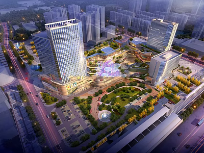 Modern Urban Commercial Complex With High Rise Buildings Central Square And Green Spaces 3d model