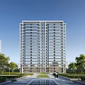 Modern High Rise Residential Building With Greenery Path And Clear Sky