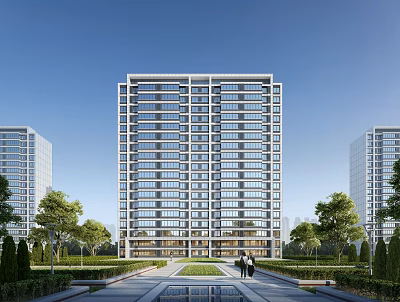 Modern High Rise Residential Building With Greenery Path And Clear Sky 3d model