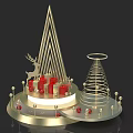 Festive Decorative Display With Golden Triangular Structure Spiral Tree Deer Ornament And Red Gift Boxes 3d model
