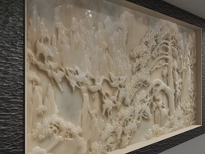 Traditional Chinese Jade Carved Wall With Mountain Scenery Trees And Birds 3d model