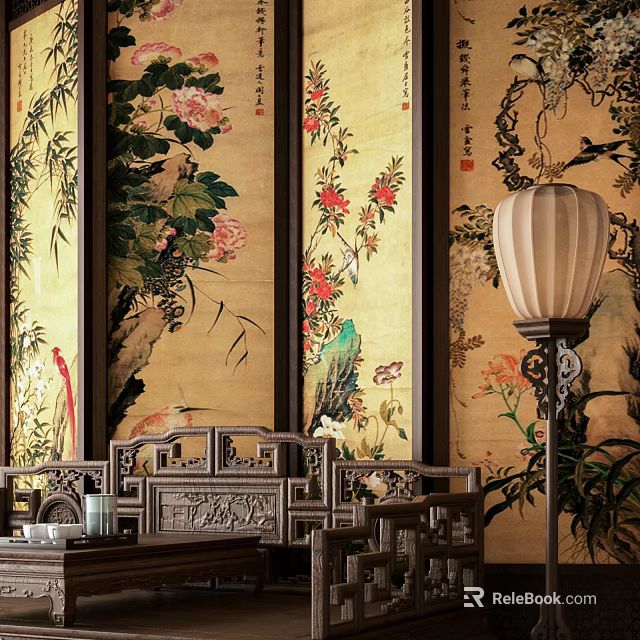 Exquisitely Carved Traditional Luohan Bed with Chinese Screen Flower Bird Patterns and Lantern 3d model 