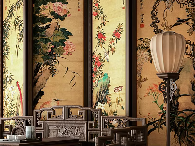 Chinese-style Luohan bed Luohan bed combination floor lamp 3d model