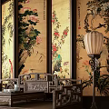Exquisitely Carved Traditional Luohan Bed with Chinese Screen Flower Bird Patterns and Lantern