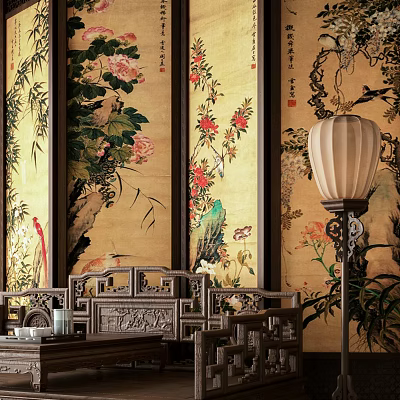 Exquisitely Carved Traditional Luohan Bed with Chinese Screen Flower Bird Patterns and Lantern 3d model