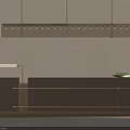 Modern Bar Counter With Wooden Design Metal Accents Hanging Lights And Fruit Bowl