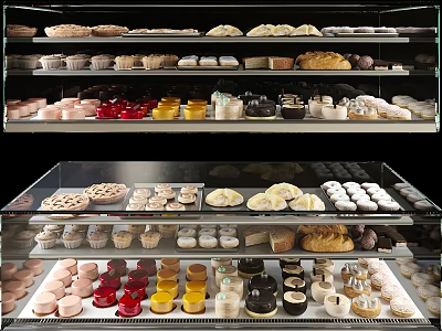 Delicious Assorted Desserts In Glass Display Case With Cupcakes Tarts And Chocolate Treats 3d model