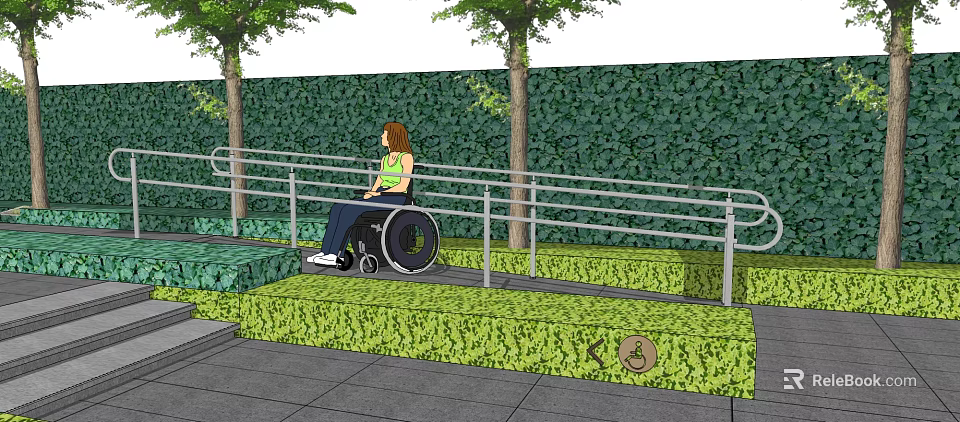 Wheelchair Accessible Road Facilities with Handrails Greenery and Trees for Barrier Free Paths 3d model 