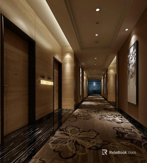 Luxurious Hotel Corridor With Warm Lighting Wooden Walls Patterned Carpet And Guest Room Doors 3d model 