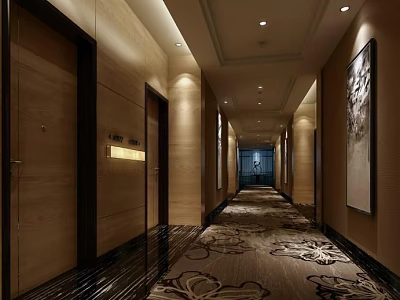 Luxurious Hotel Corridor With Warm Lighting Wooden Walls Patterned Carpet And Guest Room Doors 3d model