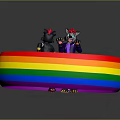 Two Black Game And Movie Characters With Red Hats Purple Coats In Rainbow Circular Ring