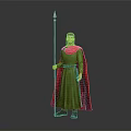 Medieval Warrior In Green Robe With Red Cape Holding Long Spear