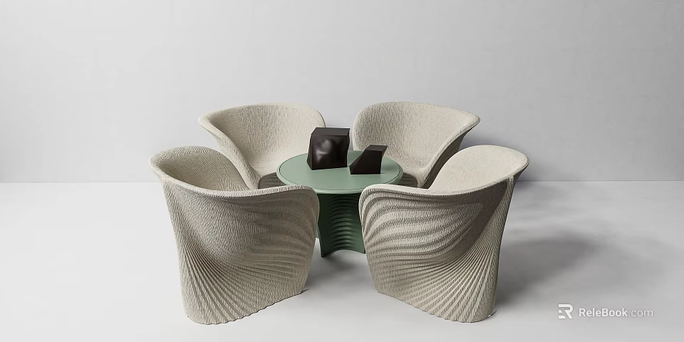 Modern Table And Chair Set With Cream Wavy Texture Chairs And Green Round Top 3d model 