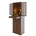 Japanese Style Wooden Buddhist Shrine Cabinet With Sliding Lattice Doors And Buddha Statue