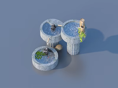 Decorative Stone Circular Pools With Flowing Water And Small Plants 3d model