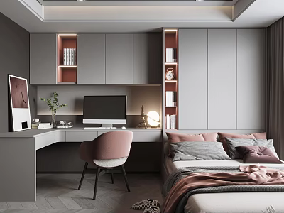 Modern Tatami Bedroom Interior With Desk Pink Chair Gray Cabinets And Decorative Pillows 3d model